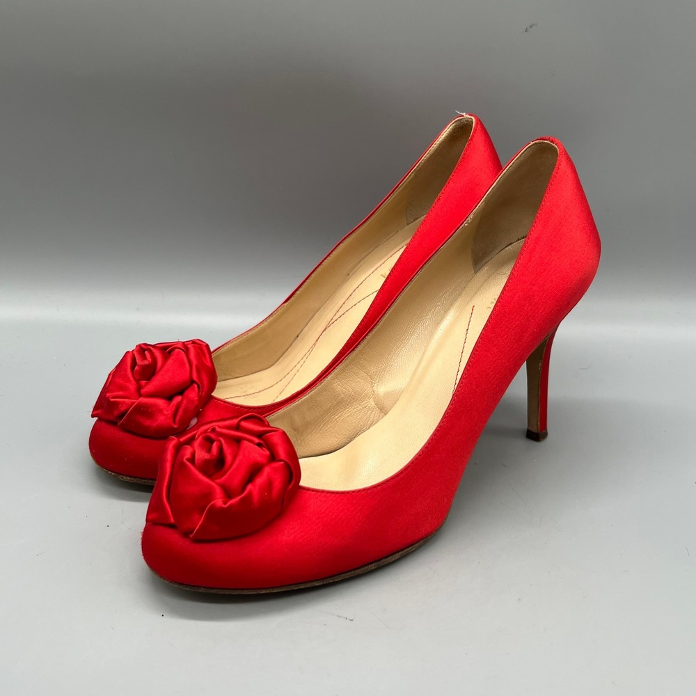 Kate Spade Shoes Womens 8.5 Red Satin Rosette Stiletto Heels Coquette Vtg Pumps - Picture 3 of 11